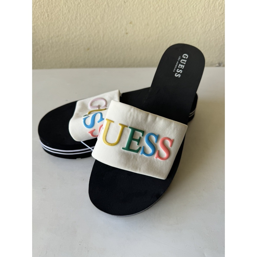 Guess Los Angeles Women Slip On Slides Sandals White/Black Medium Wedge Size‎ 11